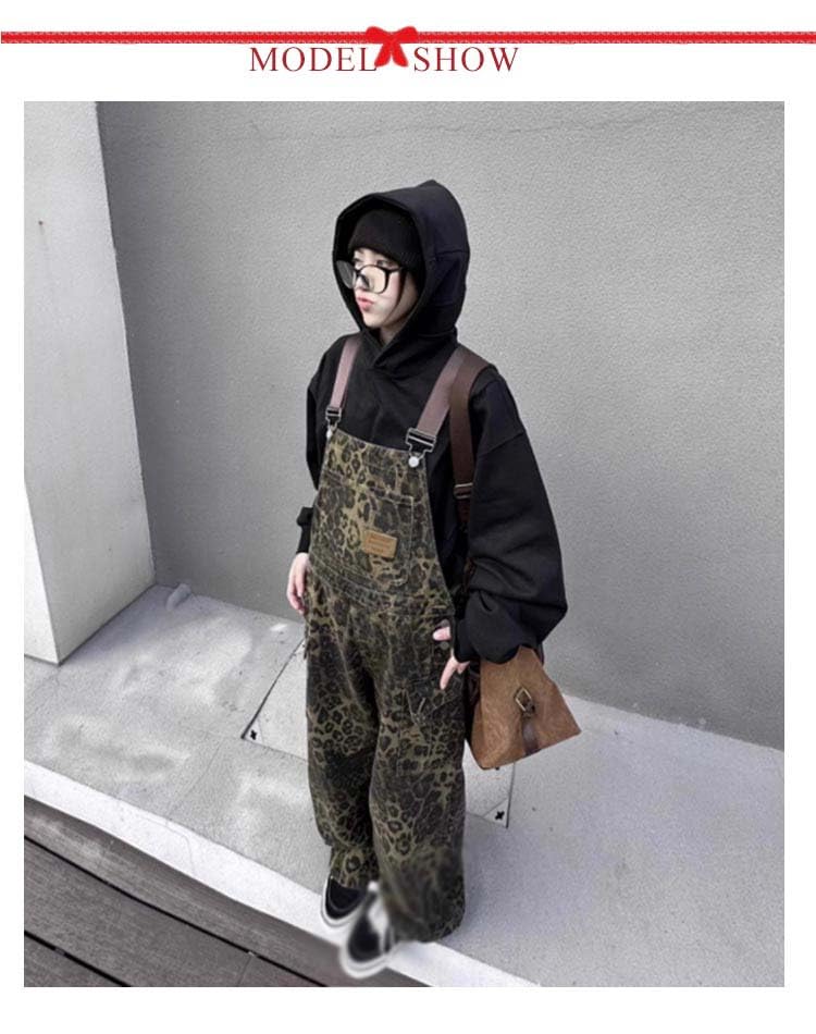 デニムサロペット レオパード柄ポケット付き Leopard print wide leg multi-pocket Denim Overalls ユニセックス